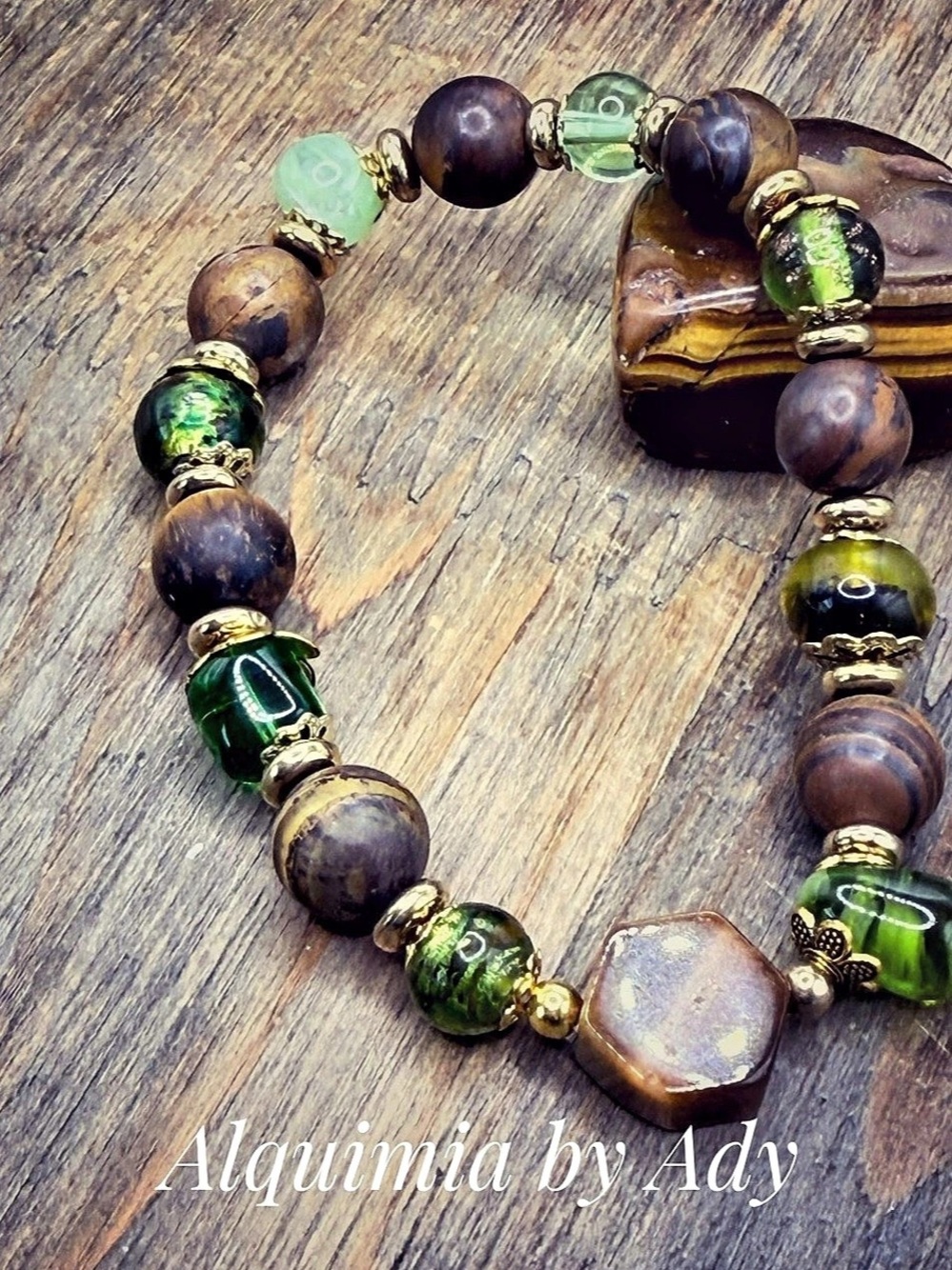Alquimia by Ady Beaded Statement Bracelet in Brown & Green . New